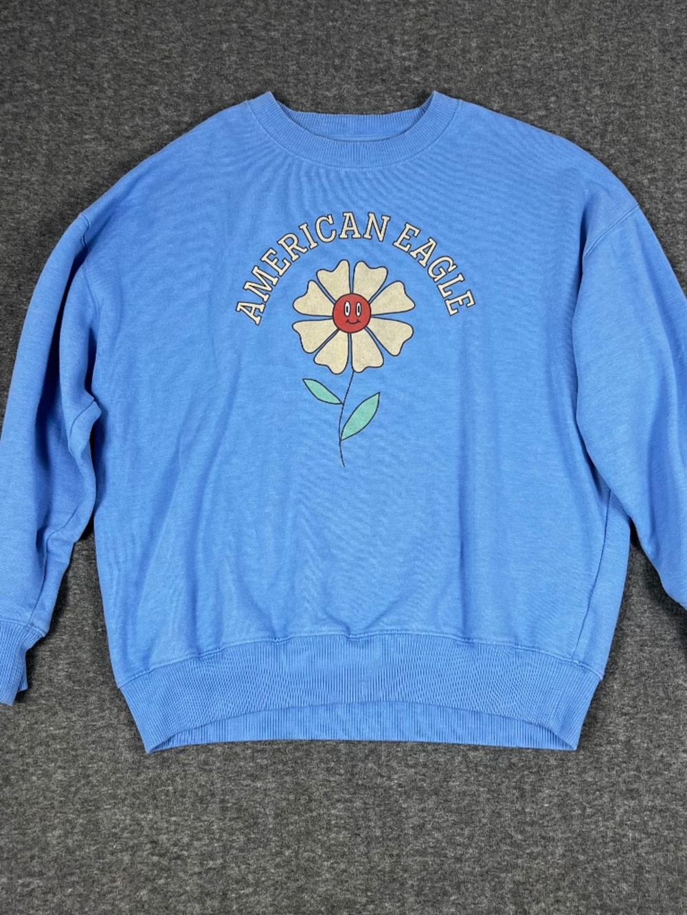 American Eagle Happy Cartoon Flower Pullover Sweater Women's Small Blue Cottage